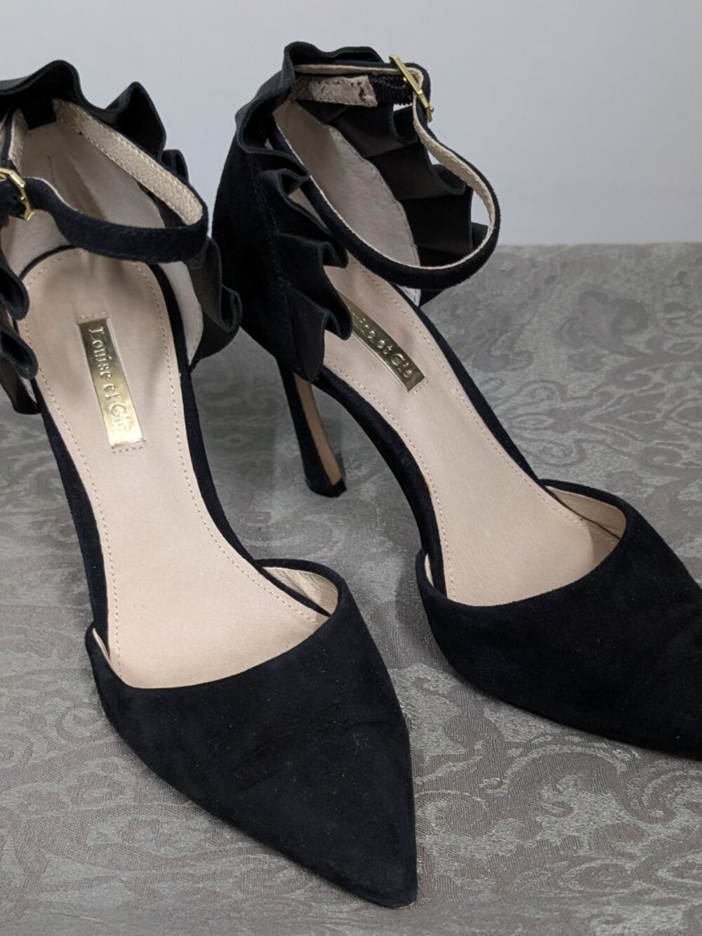 Black suede stilettos with leather ruffle sz 6.5 / 37